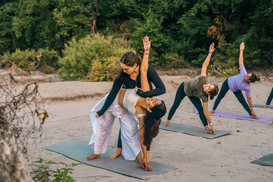 Students practicing yoga during yoga teacher training in Rishikesh India